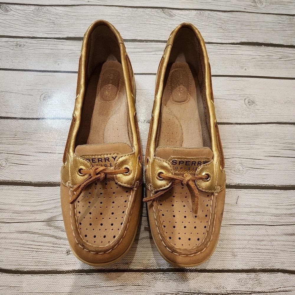 SPERRY Top-Sider Size 8 Angelfish Gold Glitter Womens Leather Boat Shoe Tan Gold